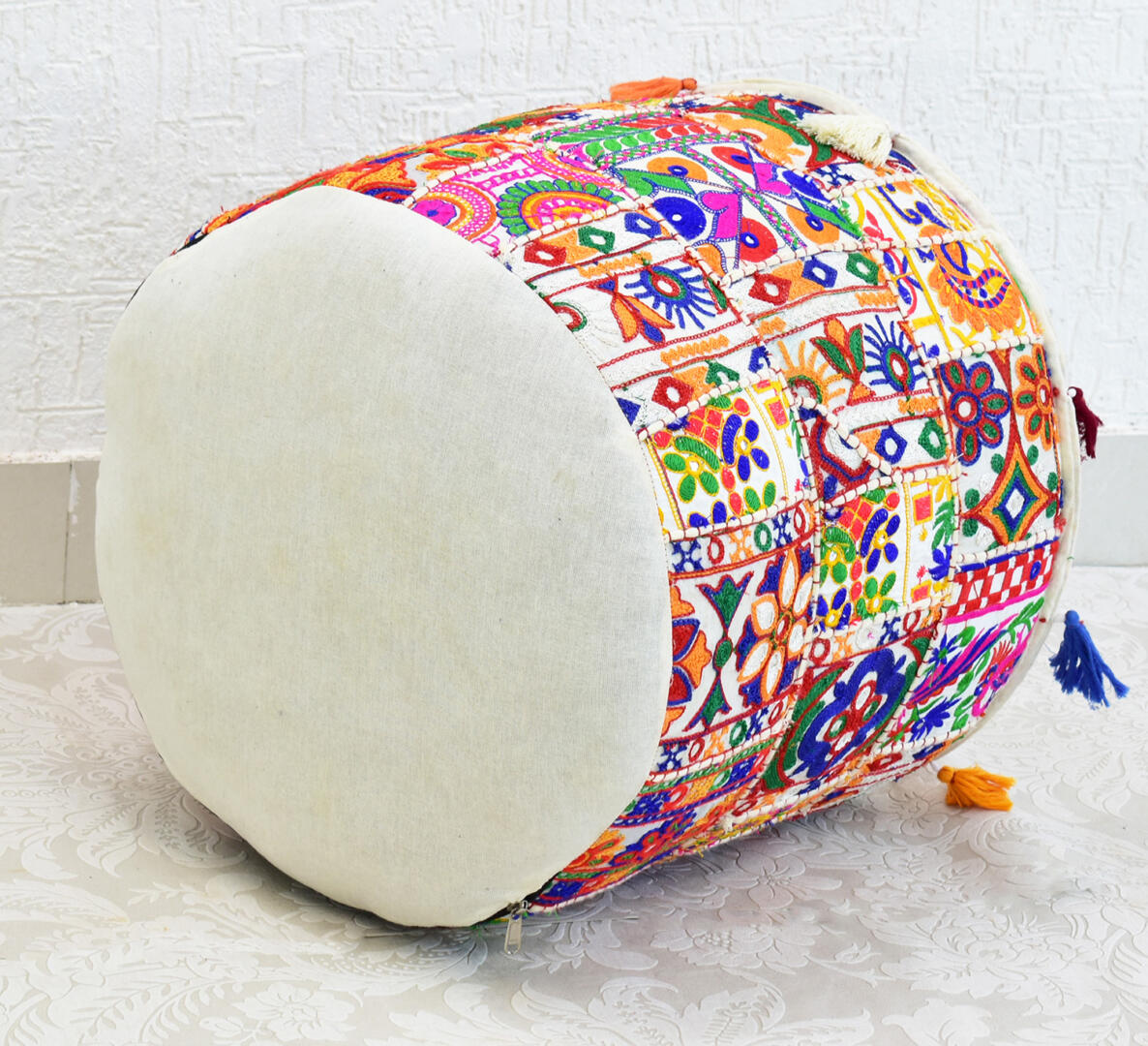 Gwen Pouffe/Ottoman Gujrati Rajmodi Patchwork - White - Image 4